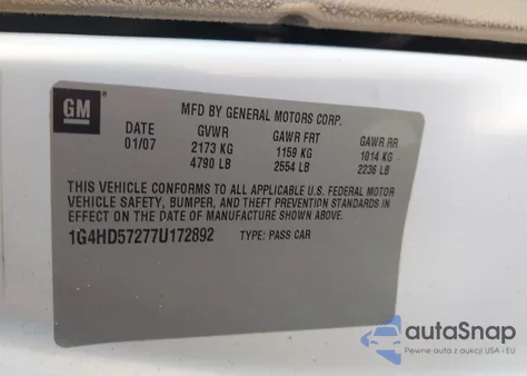 2007 Buick Lucerne Cxl z USA, uszkodzony, nr VIN 1G4HD57277U172892